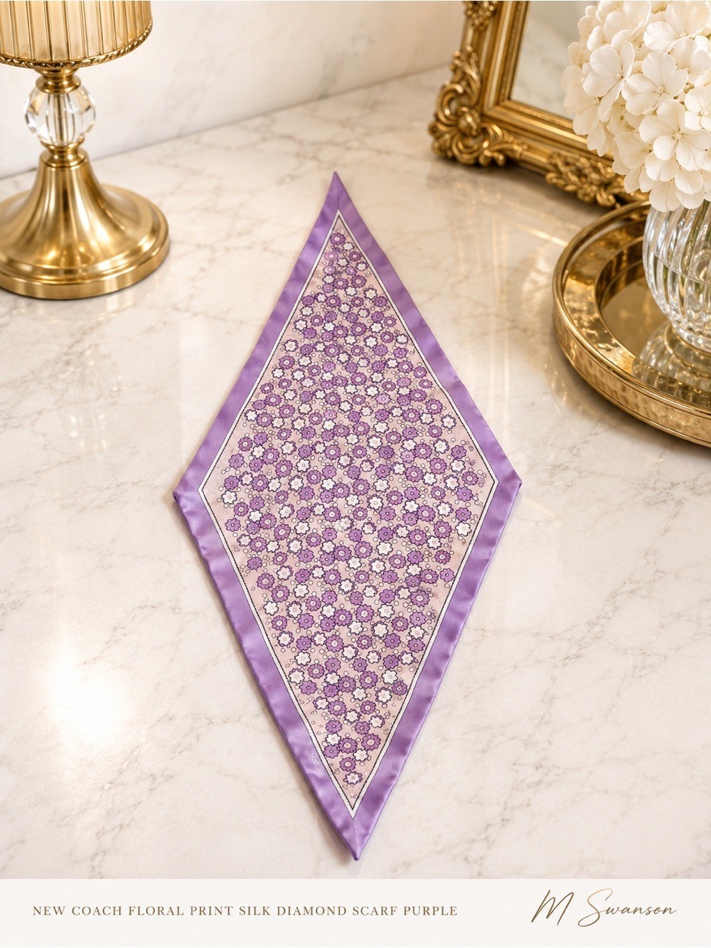 NEW Coach Floral Print Silk Diamond Scarf Purple CBO57 NWT